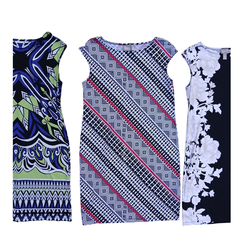 5 Chico’s Dress Sleeveless Slinky Midi Short Iona Casual Allover Print Vibrant 1 - Picture 5 of 16